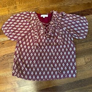 LOFT Puff Sleeve Lace Tie V-Neck Blouse - Size Small